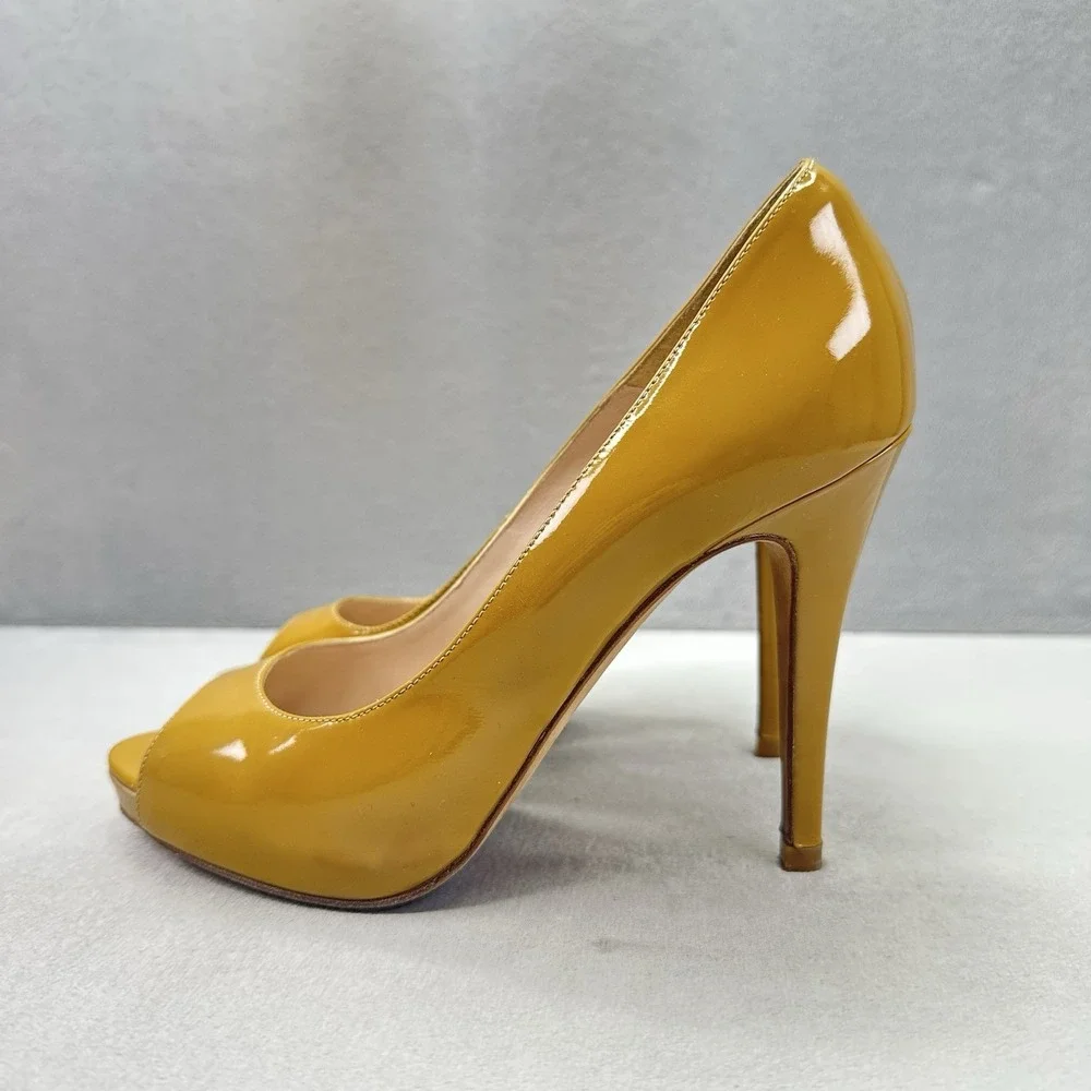 Womens 6.5 / EU 37.5 LK Bennett Pumps Mustard Patent Leather Stiletto Peep Toe